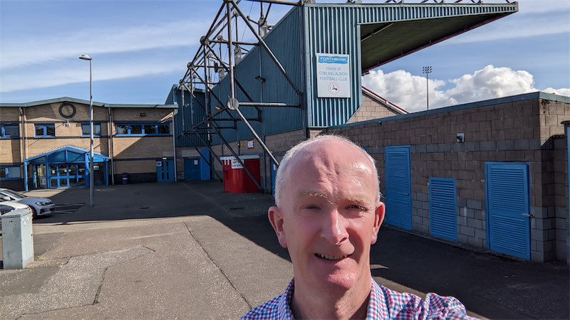 Self portait photo in front of the main stand at the Stirling Albion Football Club ground
