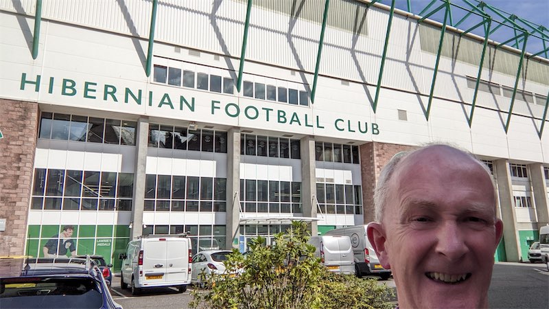 Self portait photo in front of the Hibernian Football Club ground